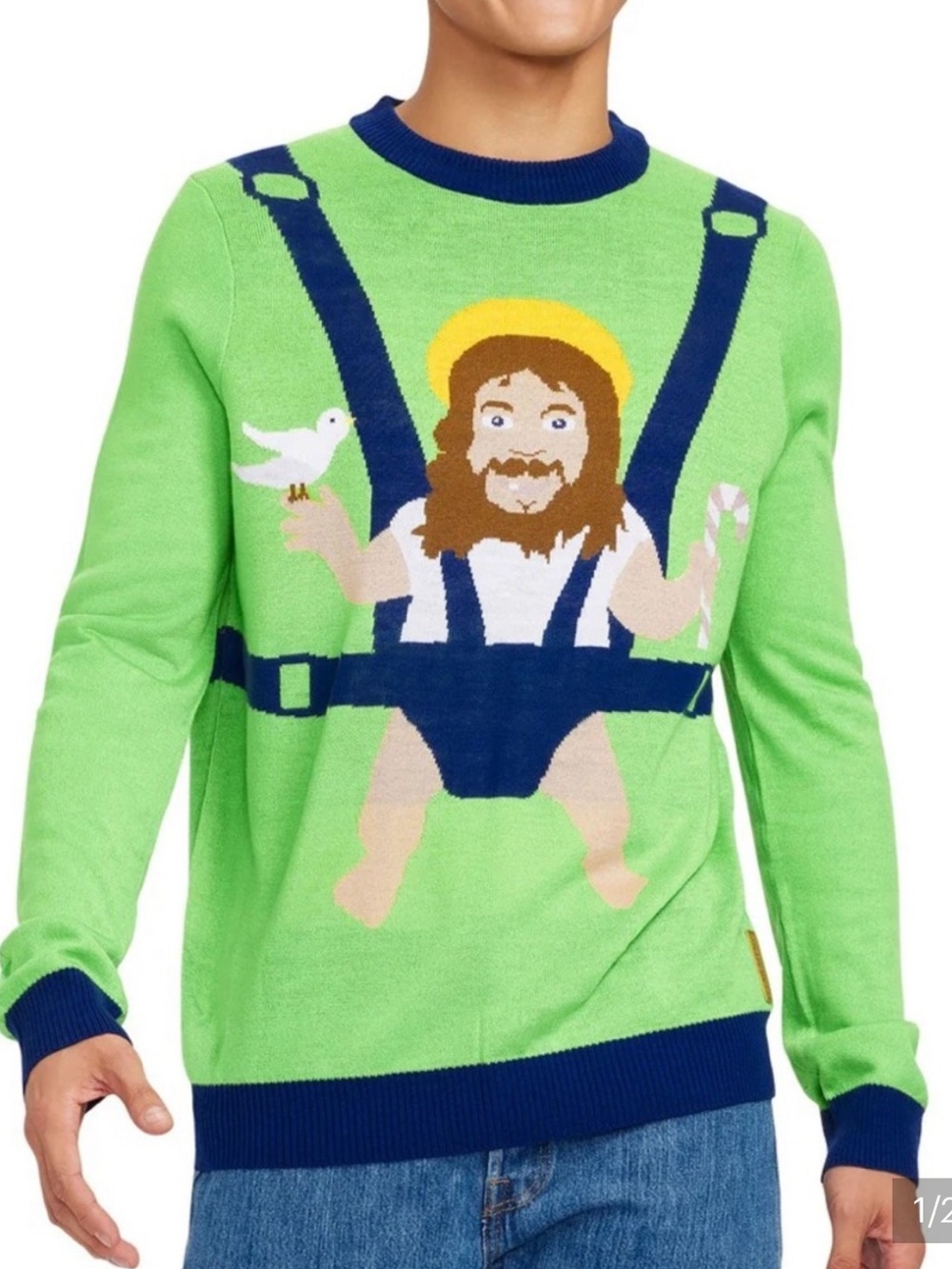 Tipsy Elves Men's Green Ugly Sweater Baby Jesus Novelty Graphic Sweater